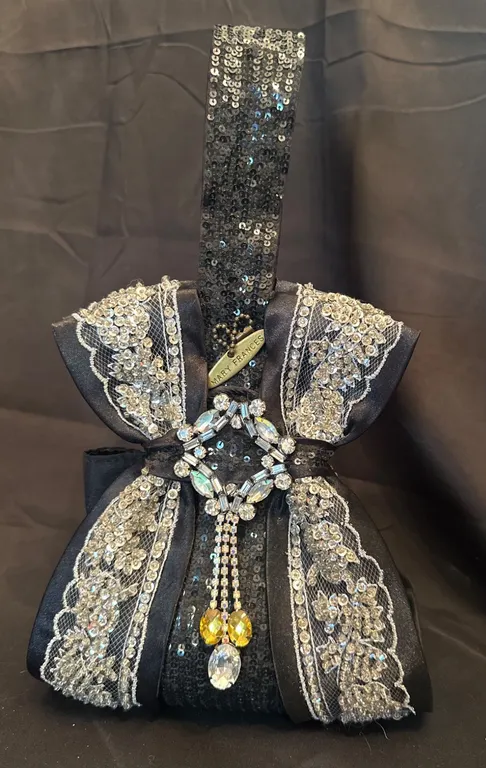 Mary Frances Black Beaded Handbag With Rhinestone Detailing