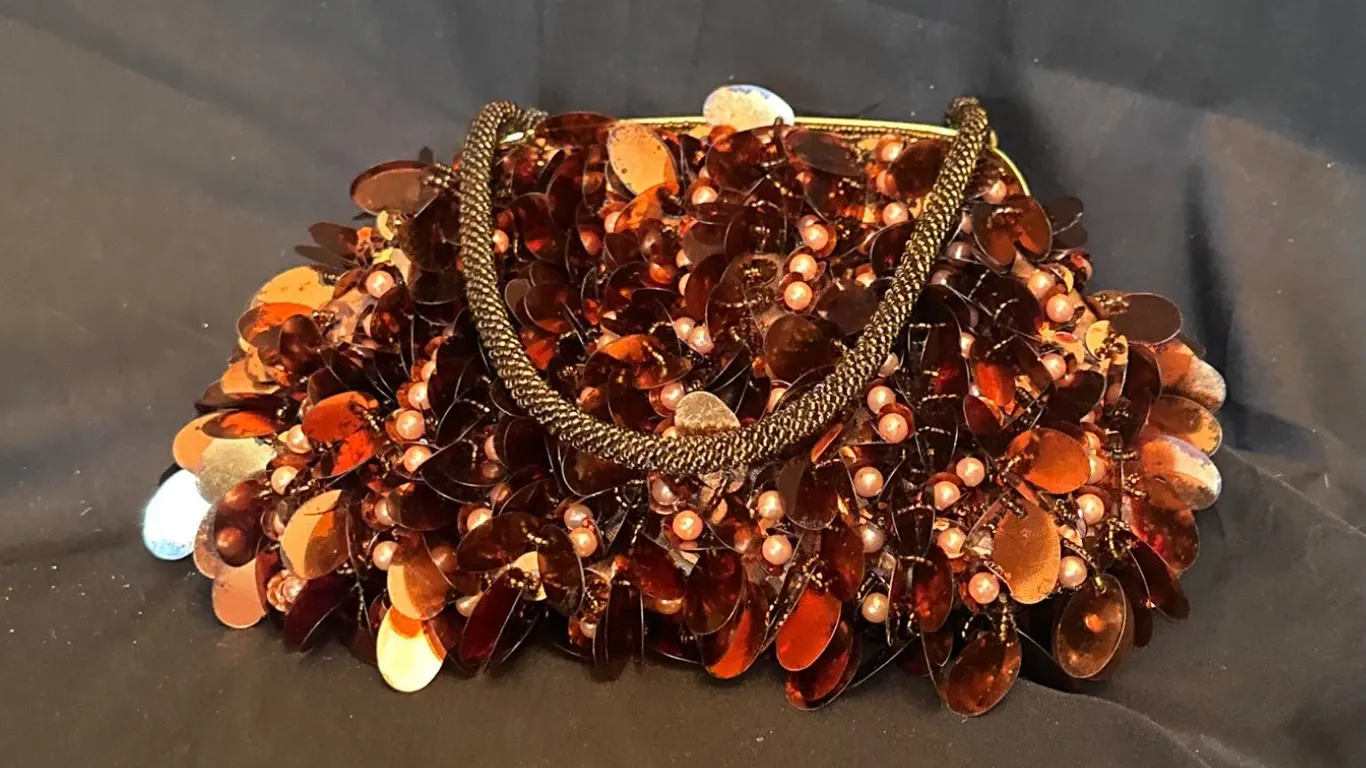 Vintage Beaded Handbag with Brown Satin Interior and Chain Strap