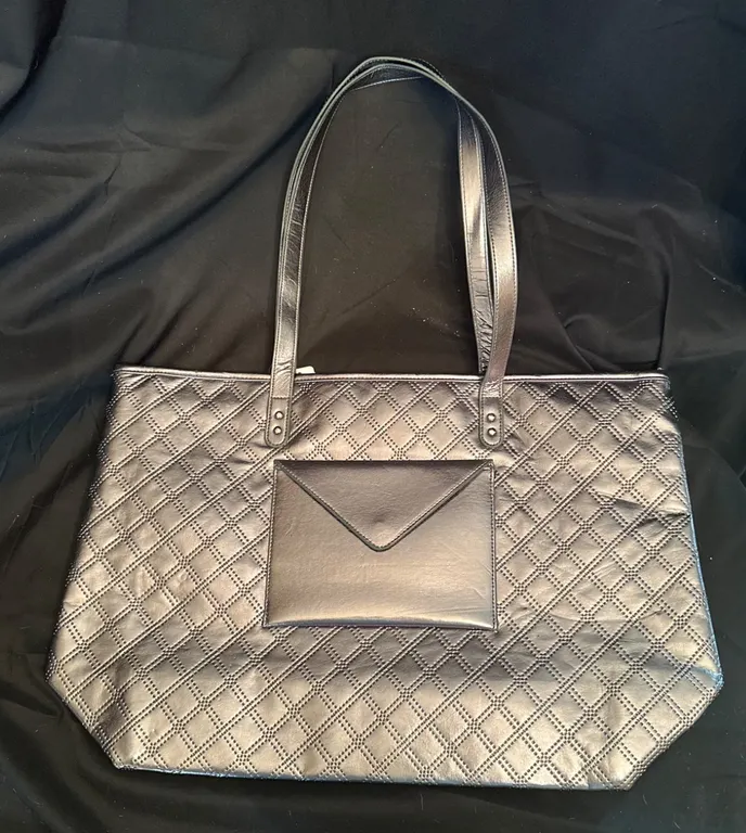 Metallic Quilted Tote Bag with Front Pocket and Tag