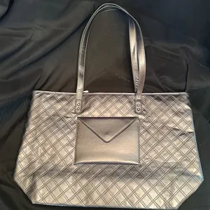 Metallic Quilted Tote Bag with Front Pocket and Tag