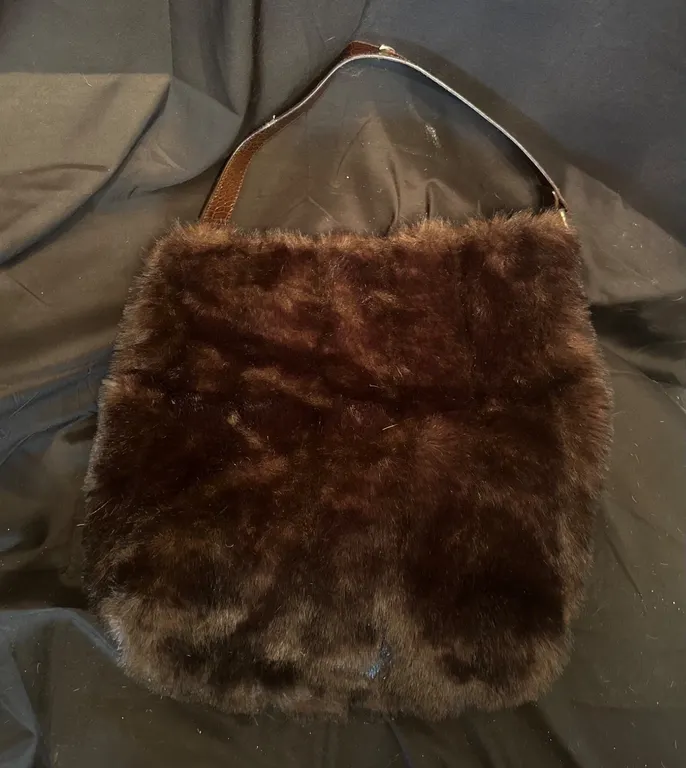 Vintage Faux Fur Handbag with Brown Handle and Interior Pockets