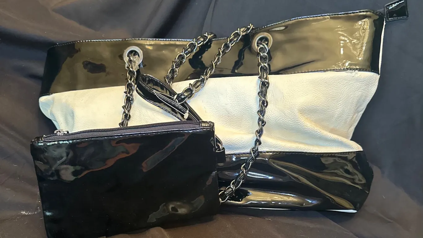 Chic Black & White Oversized Tote – Patent Trim & Chain Handles with Change Purse