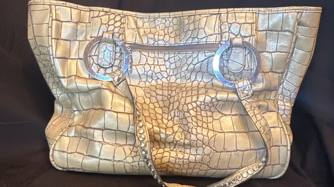 Raviani Gold Faux Crocodile Texture Bag with Embellished Straps, Early 21st Century
