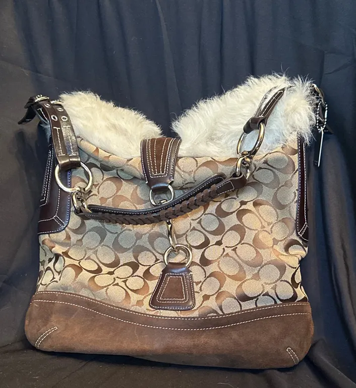 Coach Women's Shoulder Bag with Fur Trim and Monogram Pattern