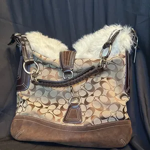 Coach Women's Shoulder Bag with Fur Trim and Monogram Pattern