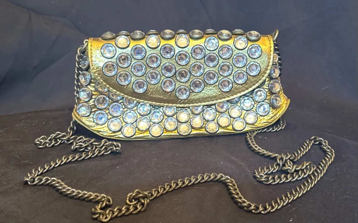 Betsy Johnson Gold-Toned Mini Purse With Rhinestone Accents and Chain Strap