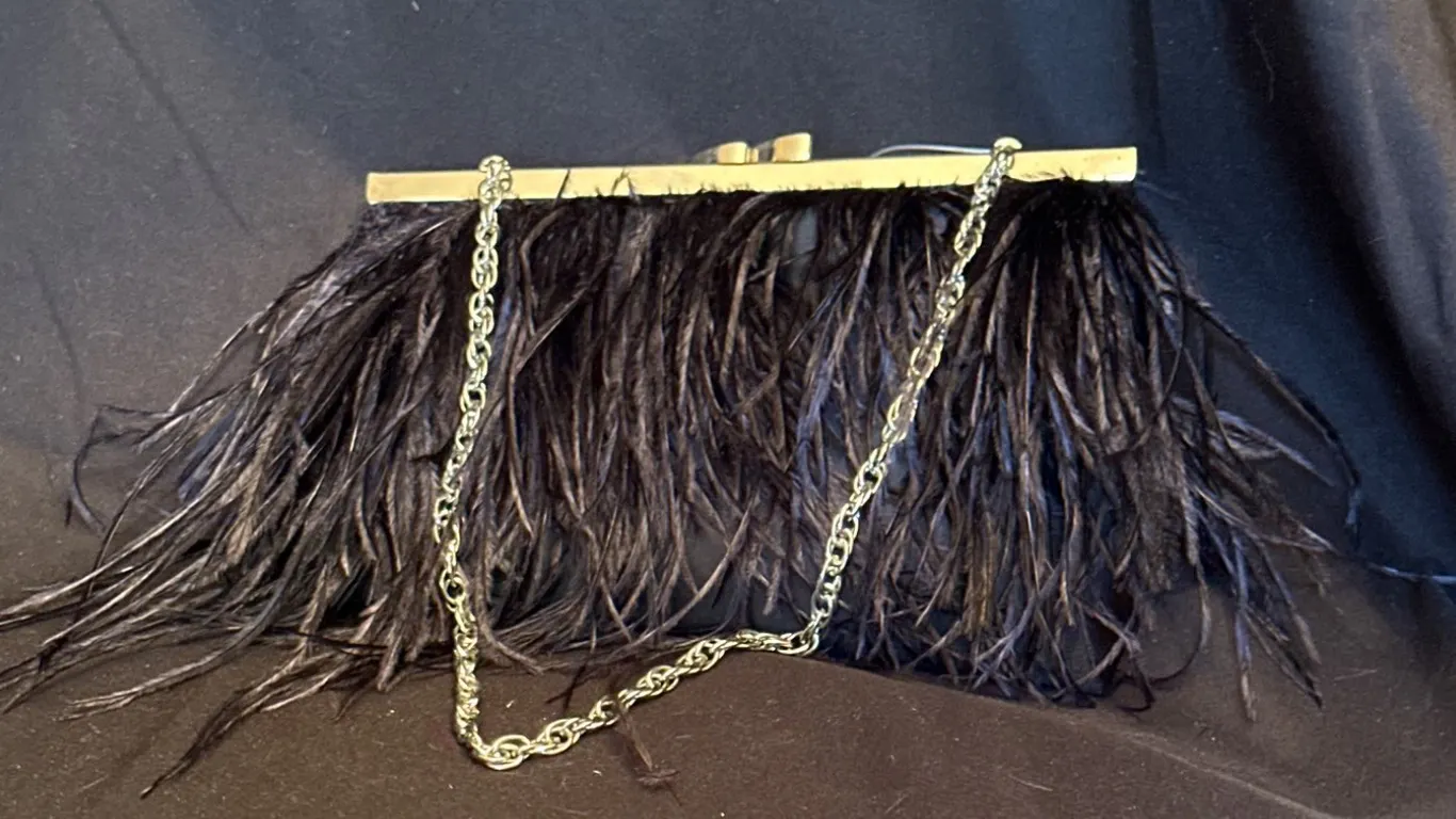 Vintage Black Feather Clutch with Chain, Mid-20th Century Design