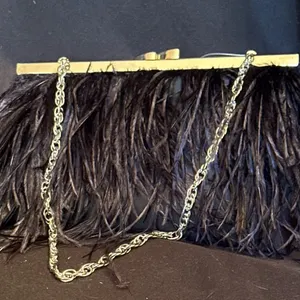 Vintage Black Feather Clutch with Chain, Mid-20th Century Design