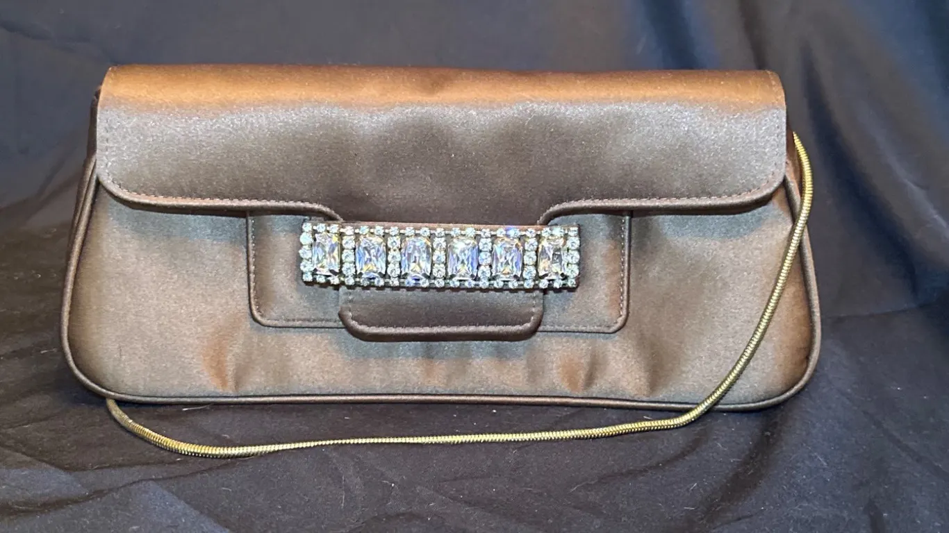 Brown Satin Clutch Purse With Rhinestone Accent and Chain Strap