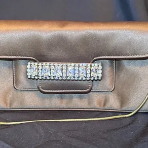 Brown Satin Clutch Purse With Rhinestone Accent and Chain Strap