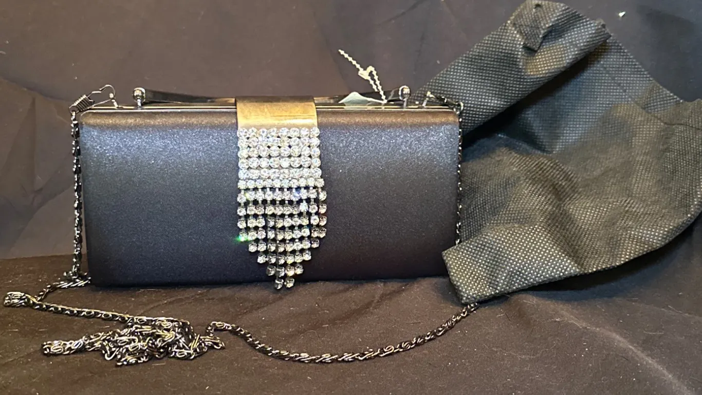 Black Jessica McClintock Evening Clutch Purse With Rhinestone Detail