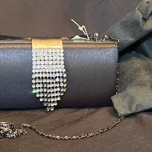 Black Jessica McClintock Evening Clutch Purse With Rhinestone Detail