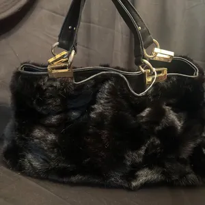 Paolo Masi Black Fur and Leather Handbag with Gold-Tone Accents