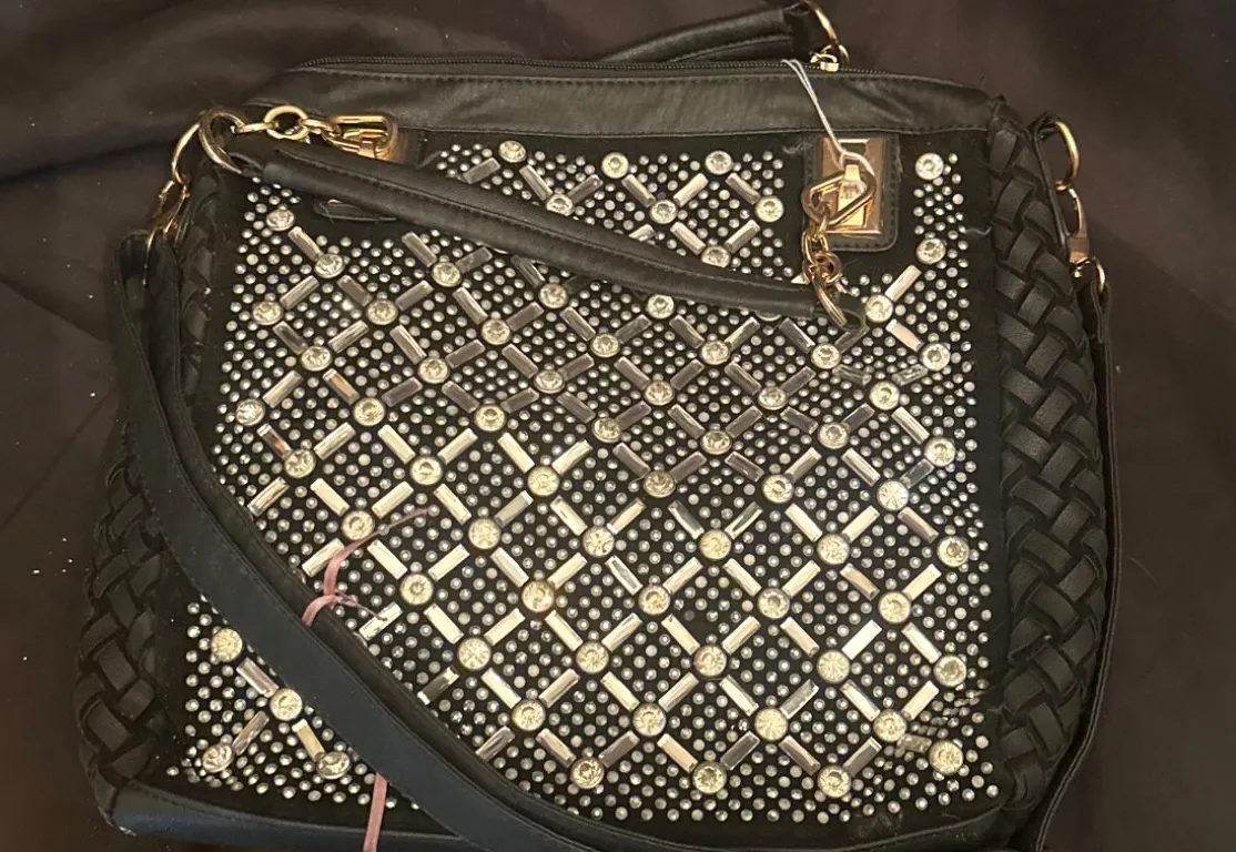 Black Woven and Rhinestone-Embellished Handbag With Gold Hardware