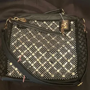 Black Woven and Rhinestone-Embellished Handbag With Gold Hardware