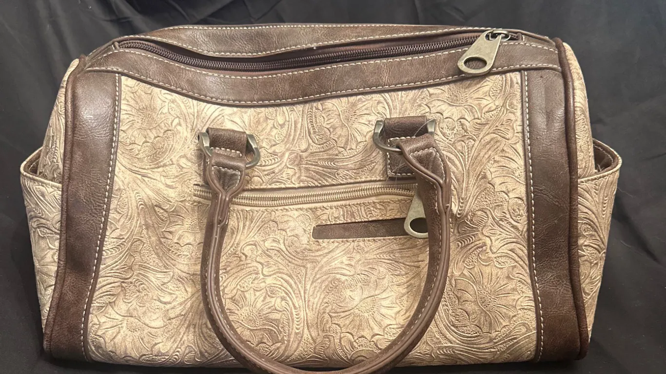 Brown and Beige Embossed Handbag with Stud Accents