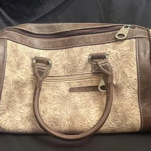 Brown and Beige Embossed Handbag with Stud Accents