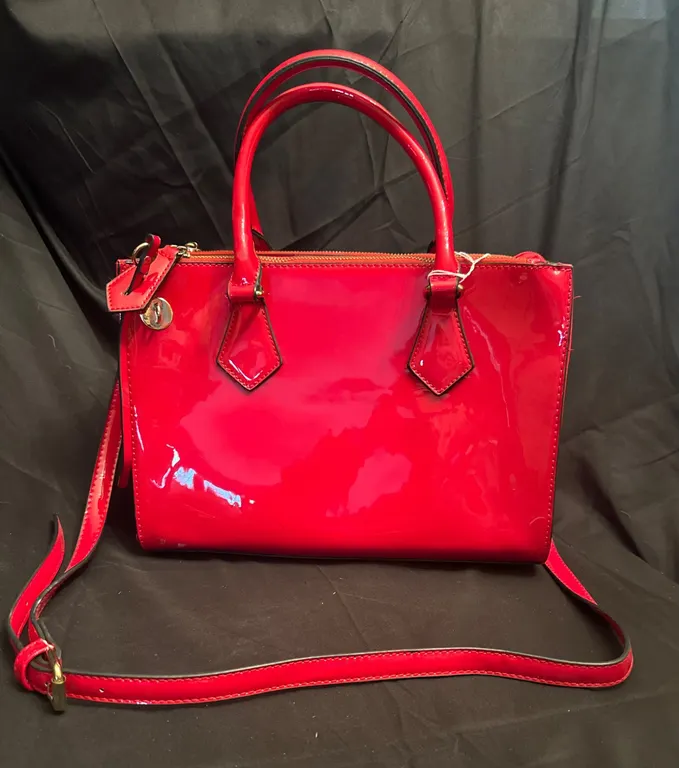 Red Patent Leather Handbag with Gold Hardware and Shoulder Strap
