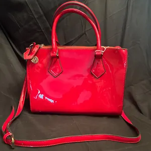 Red Patent Leather Handbag with Gold Hardware and Shoulder Strap