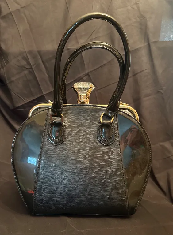Vintage Black Patent Handbag With Gold Hardware and Gemstone Clasp