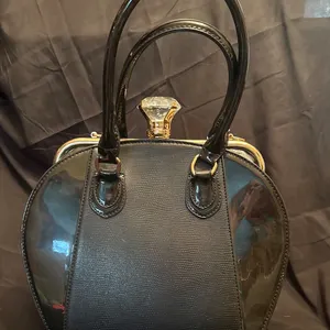 Vintage Black Patent Handbag With Gold Hardware and Gemstone Clasp