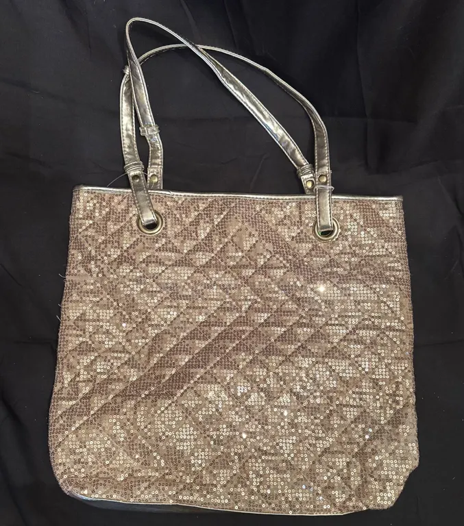 Metallic Gold Double-Strap Tote Bag with Sequin Front Panel