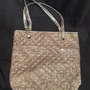 Metallic Gold Double-Strap Tote Bag with Sequin Front Panel