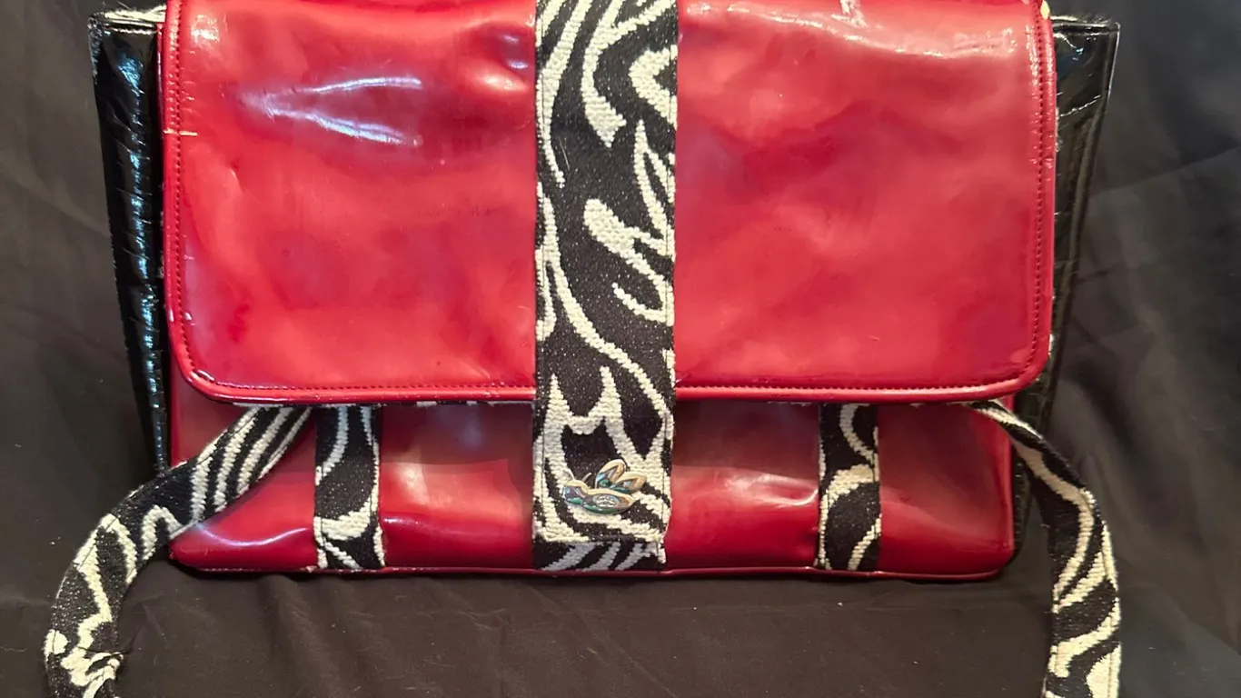 Red and Black Shoulder Bag with Zebra Print Strap and Interior by B Signature