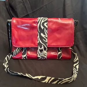 Red and Black Shoulder Bag with Zebra Print Strap and Interior by B Signature