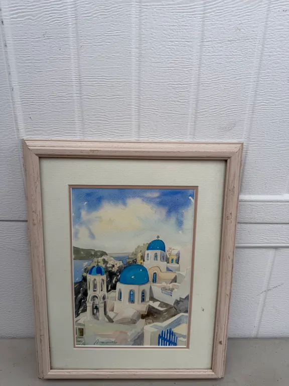 Signed Santorini Blue Dome Churches Watercolor