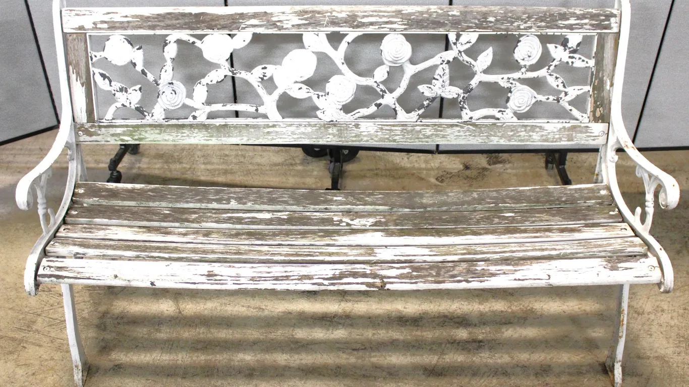 Metal and Wood Garden Bench with Floral Motif