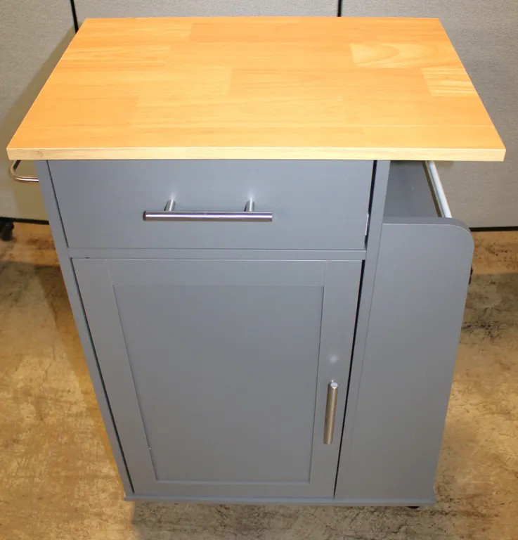 Gray Rolling Kitchen Cart with Wooden Top