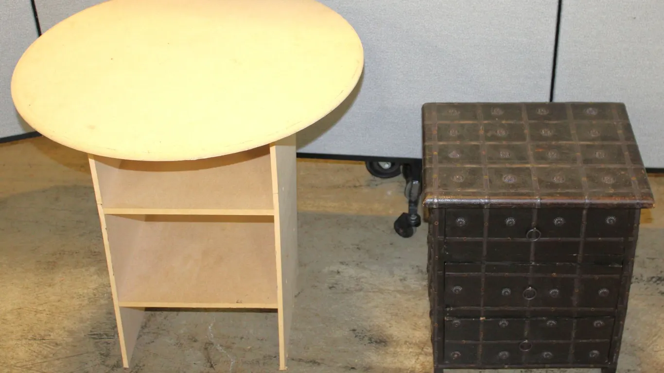 Two Mixed Wooden Furniture Pieces: Table, Chest