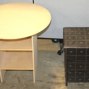 Two Mixed Wooden Furniture Pieces: Table, Chest