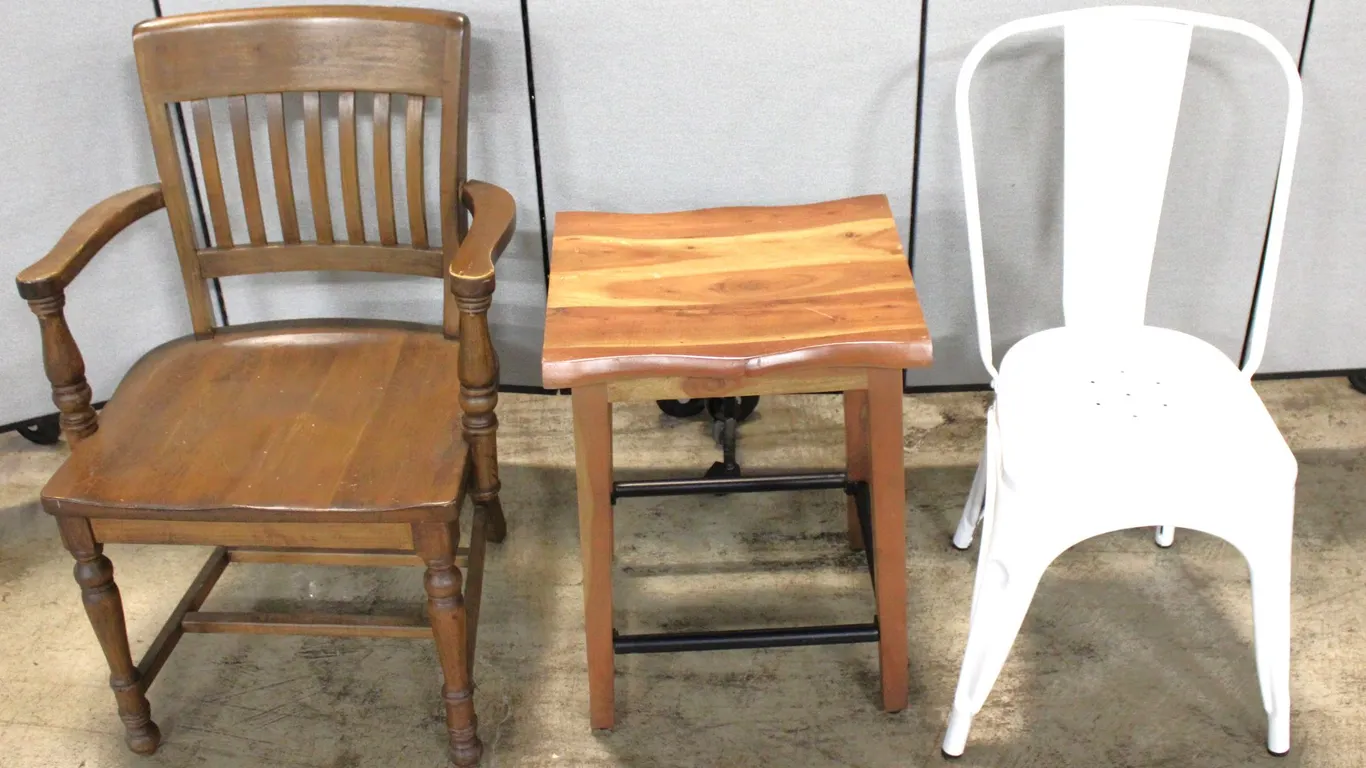 Wood Armchair, Stool, and Metal Chair
