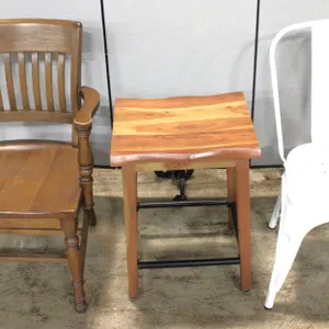 Wood Armchair, Stool, and Metal Chair