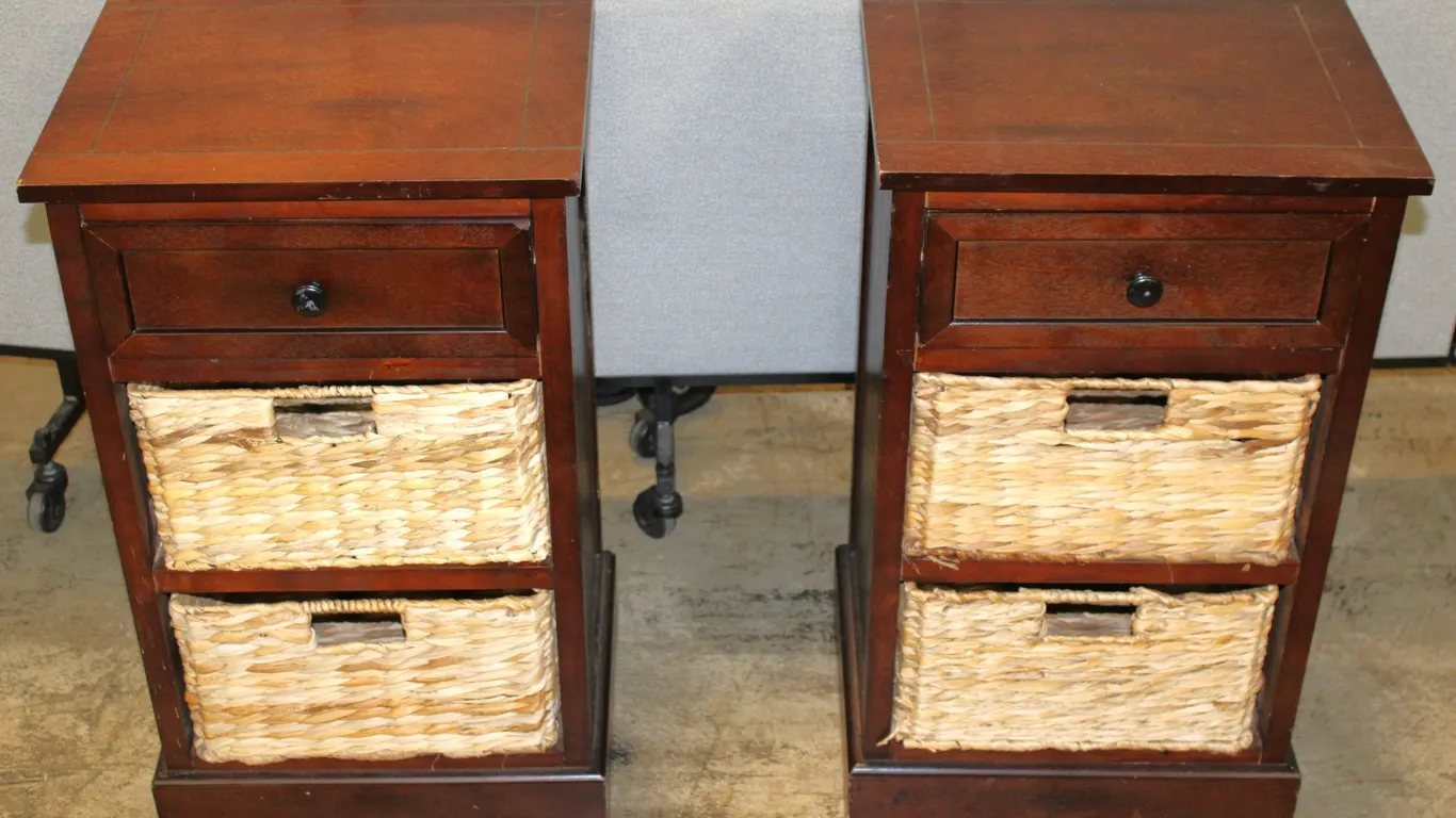 Pair Wood Nightstands With Wicker Basket Drawers