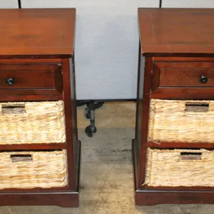 Pair Wood Nightstands With Wicker Basket Drawers