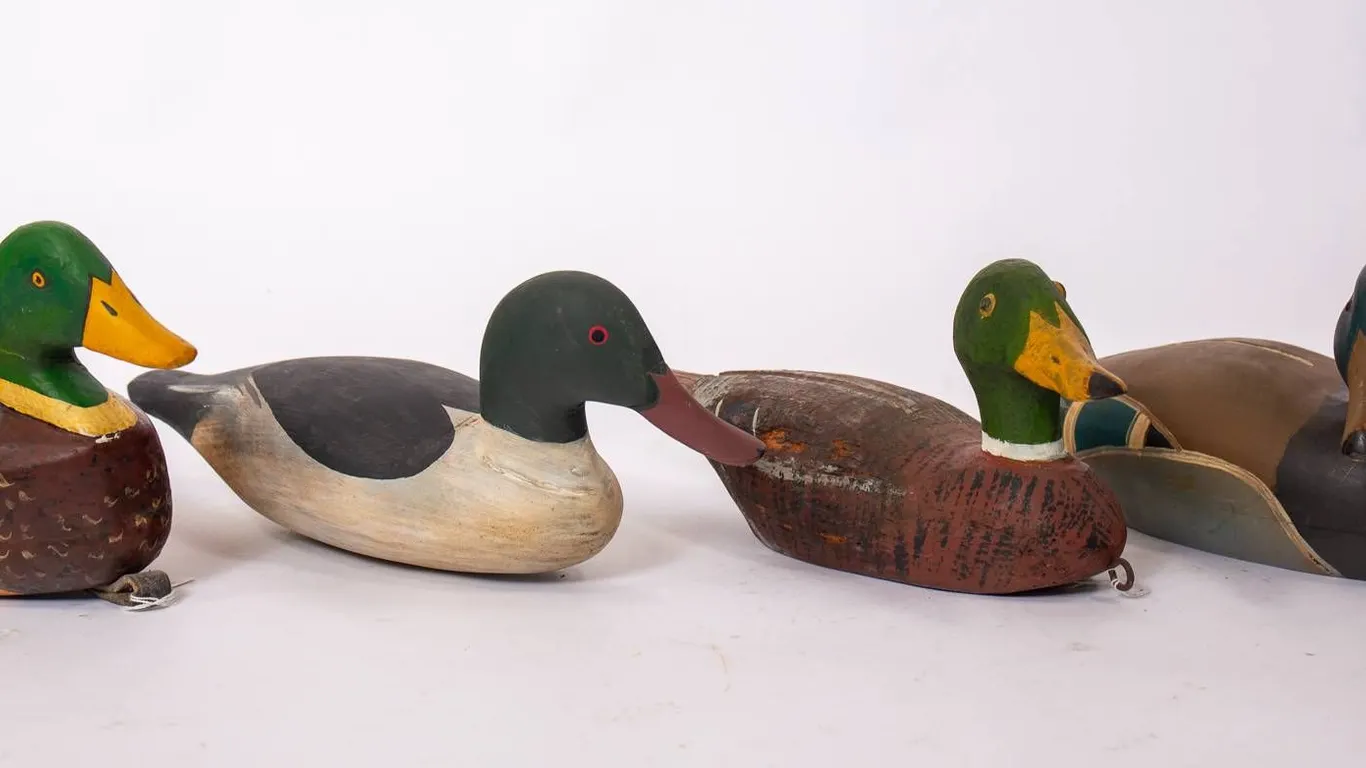 FOUR DUCK DECOYS 8" H., 15" L.