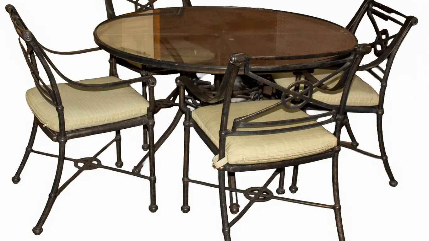 ROUND BLACK ALUMINUM PATIO GLASS TOP TABLE WITH CHAIRS.