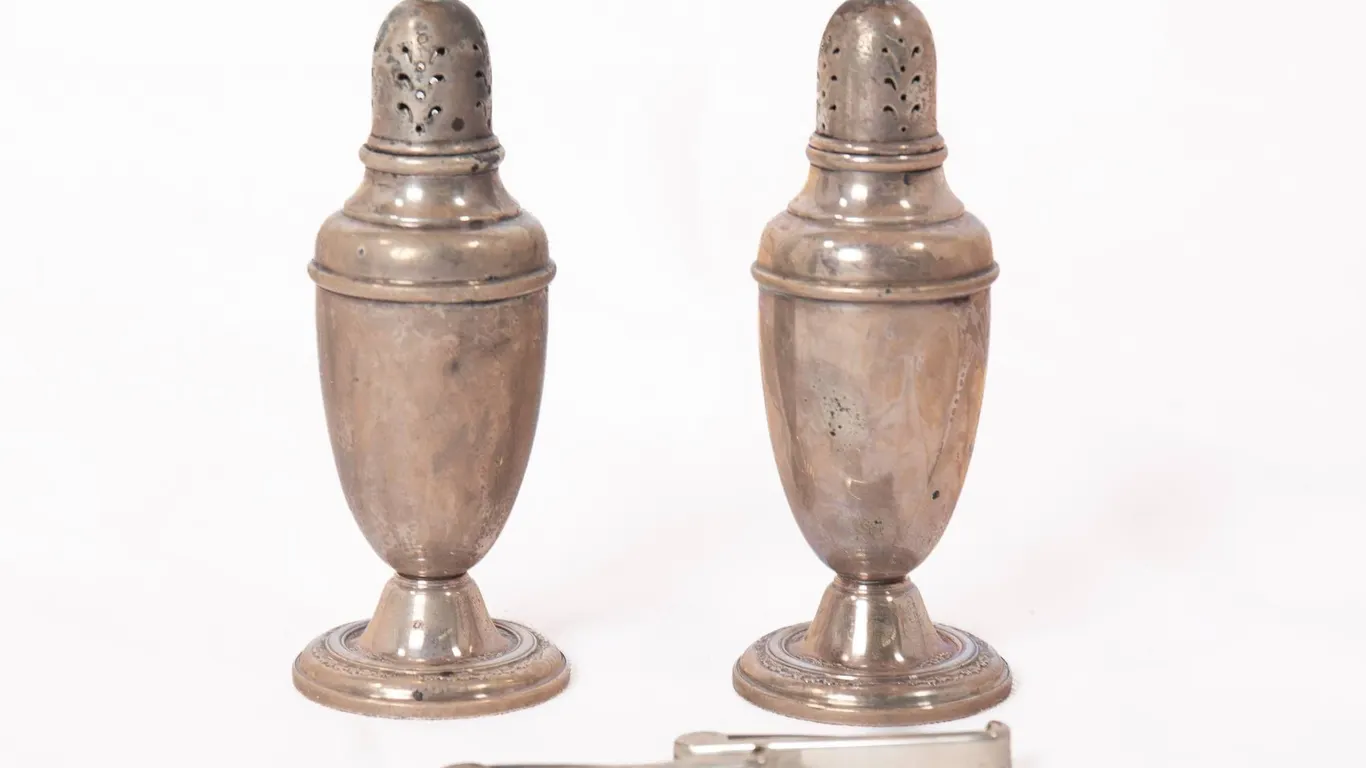 WEIGHTED STERLING SALT AND PEPPER SHAKERS 5" H., STERLING SILVER PINS.