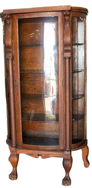 OAK CURVED GLASS CHINA CABINET, CLAW FEET, EBERT'S.