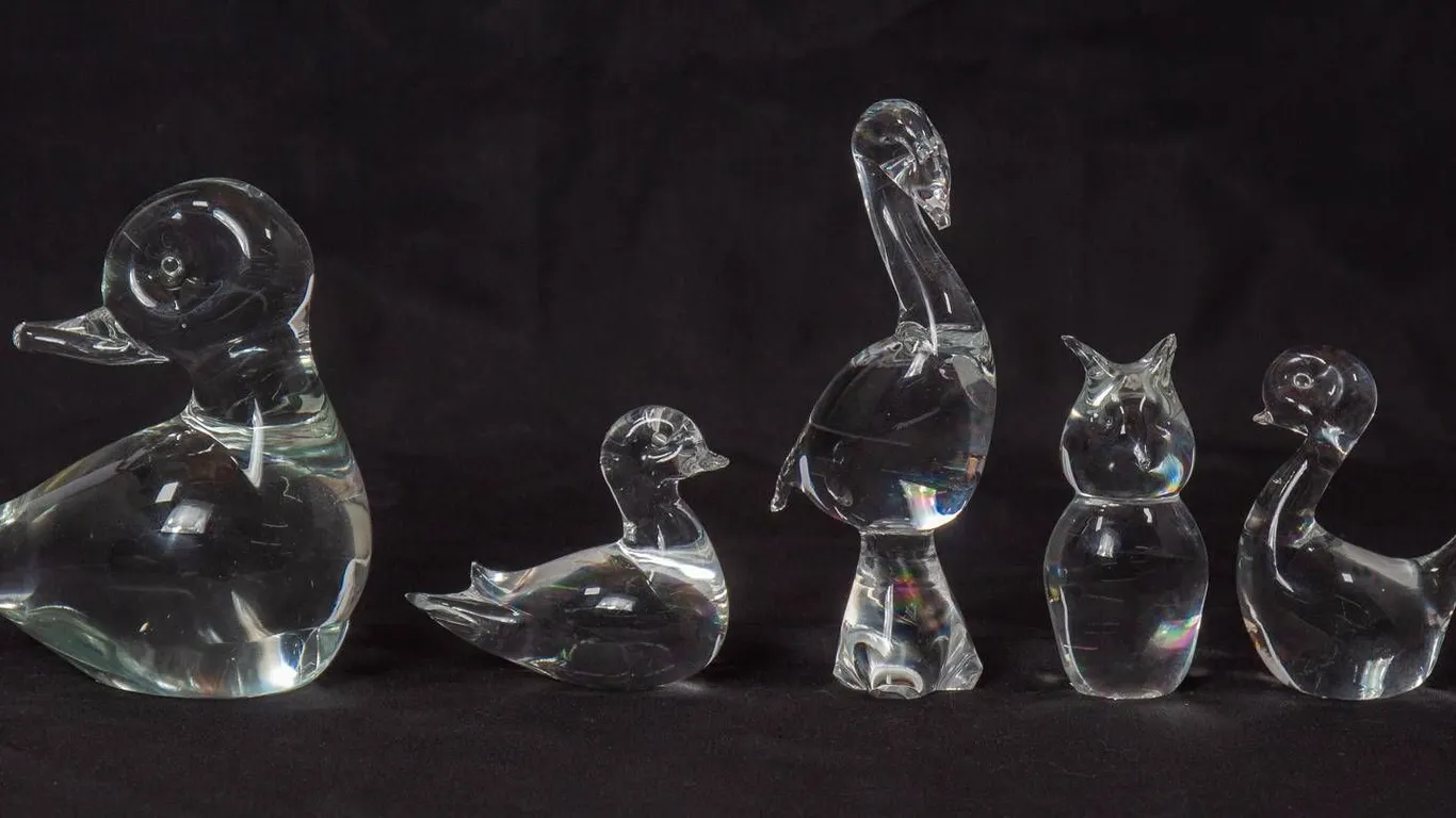 AUSTRIAN GLASS DUCKS AND CAT STATUE GROUP.