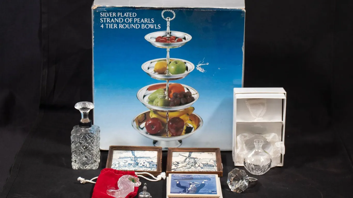 CRYSTAL PERFUME BOTTLE, PAPERWEIGHT, DECORATIVE TILES, AND SILVER-PLATED BOWLS.