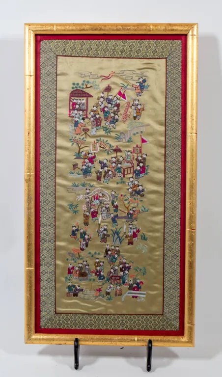 CHINESE SILK EMBROIDERY WITH GOLDEN FRAME.