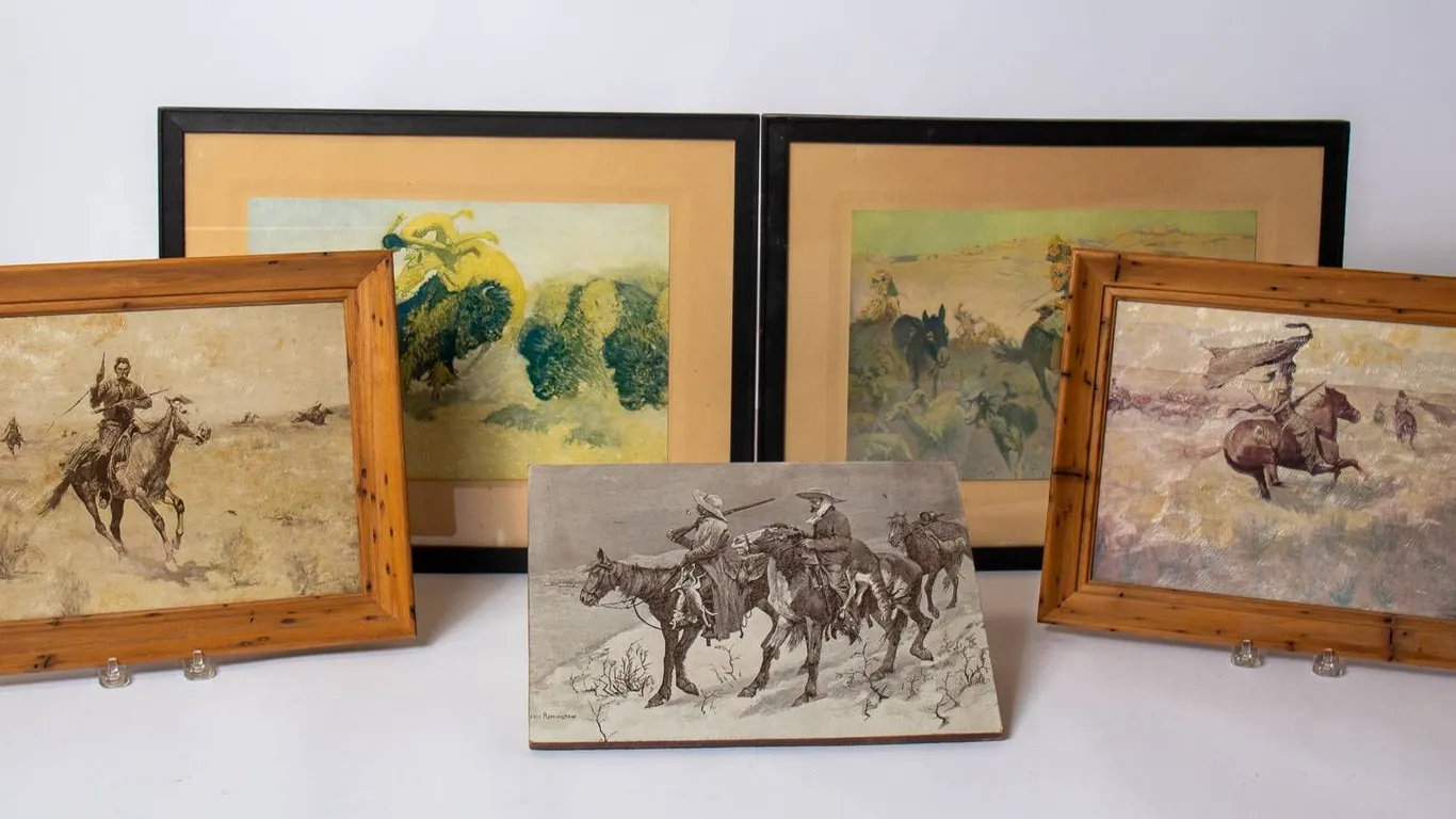 REMINGTON PRINTS INCLUDING FOUR FRAMED AND ONE UNFRAMED PRINT.