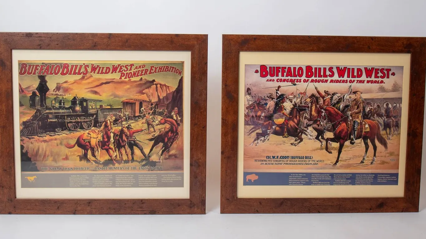 TWO FRAMED BUFFALO BILL WILD WEST PRINTS 22" H., 25" W.