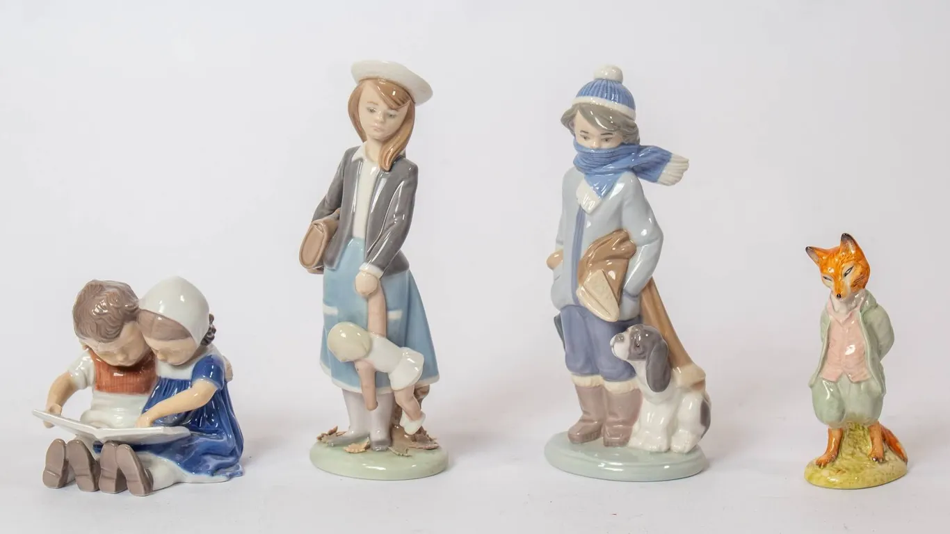 PORCELAIN FIGURINES INCLUDING BEATRIX POTTER, LLADRO, BING & GROHNDEL, 8"H.