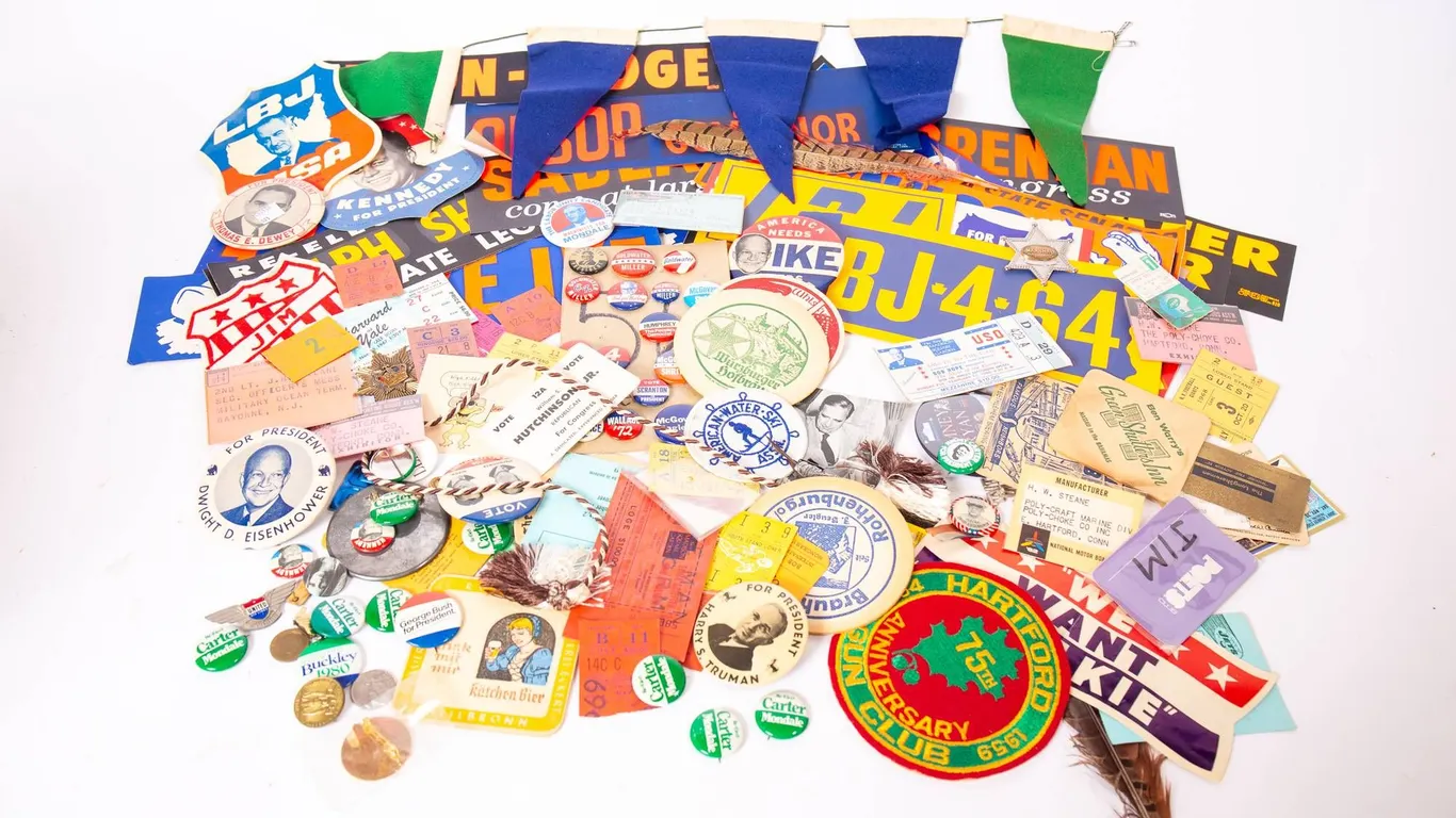 POLITICAL AND COLLEGIATE MEMORABILIA BUTTONS, BUMPER STICKERS, AND MORE.