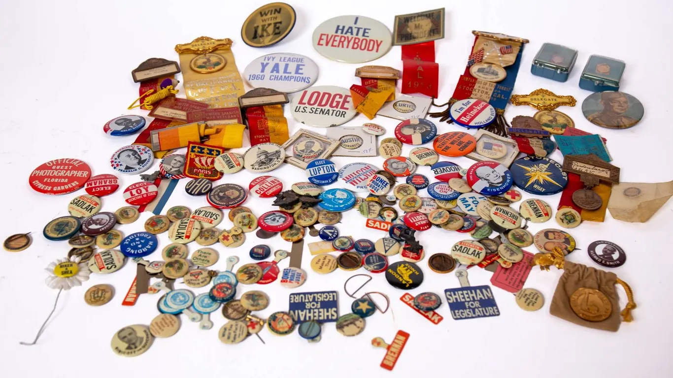 POLITICAL AND ACADEMIC BUTTONS, RIBBONS, AND MEDALS.
